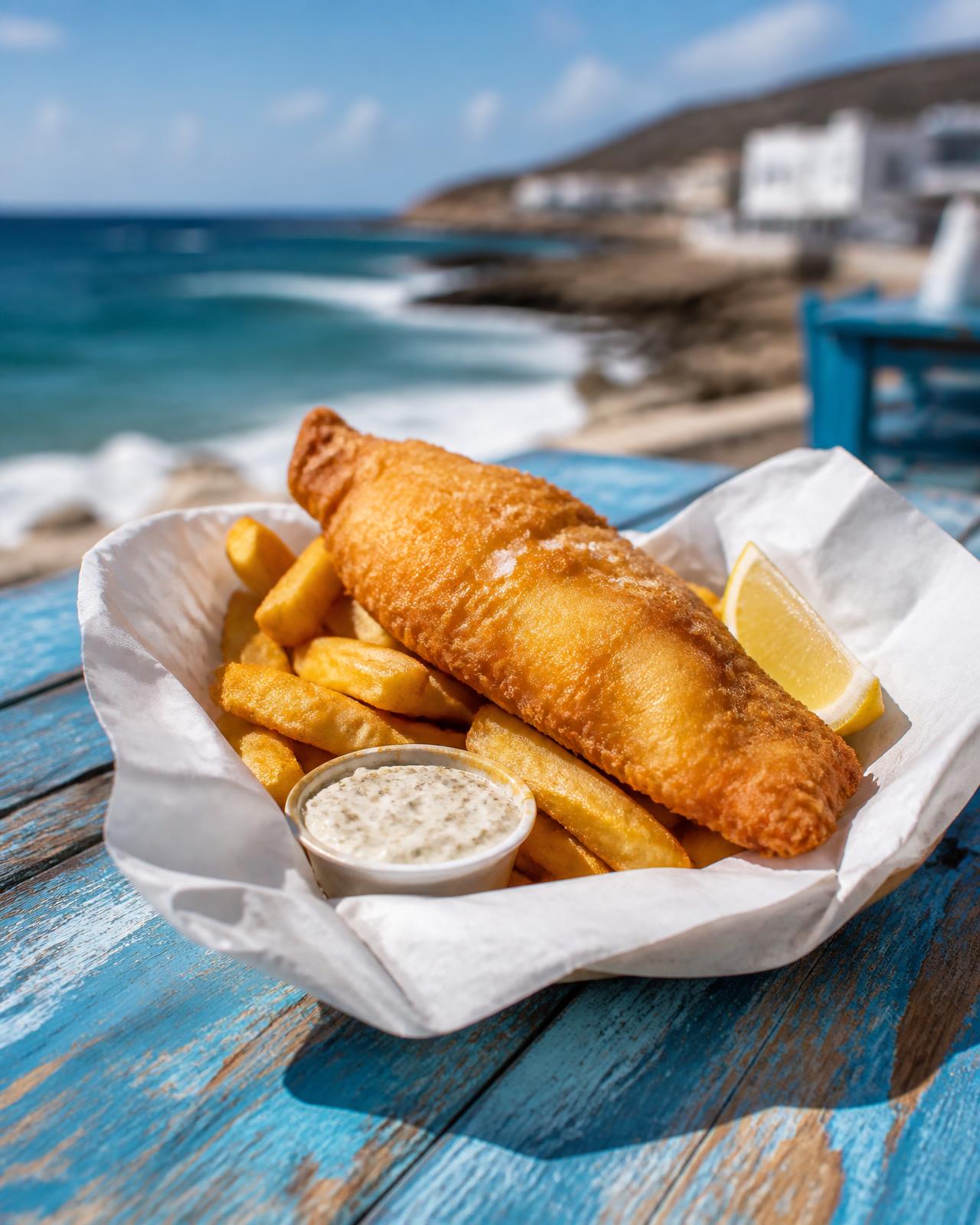 Hand-battered fish and chips in paper by the sea