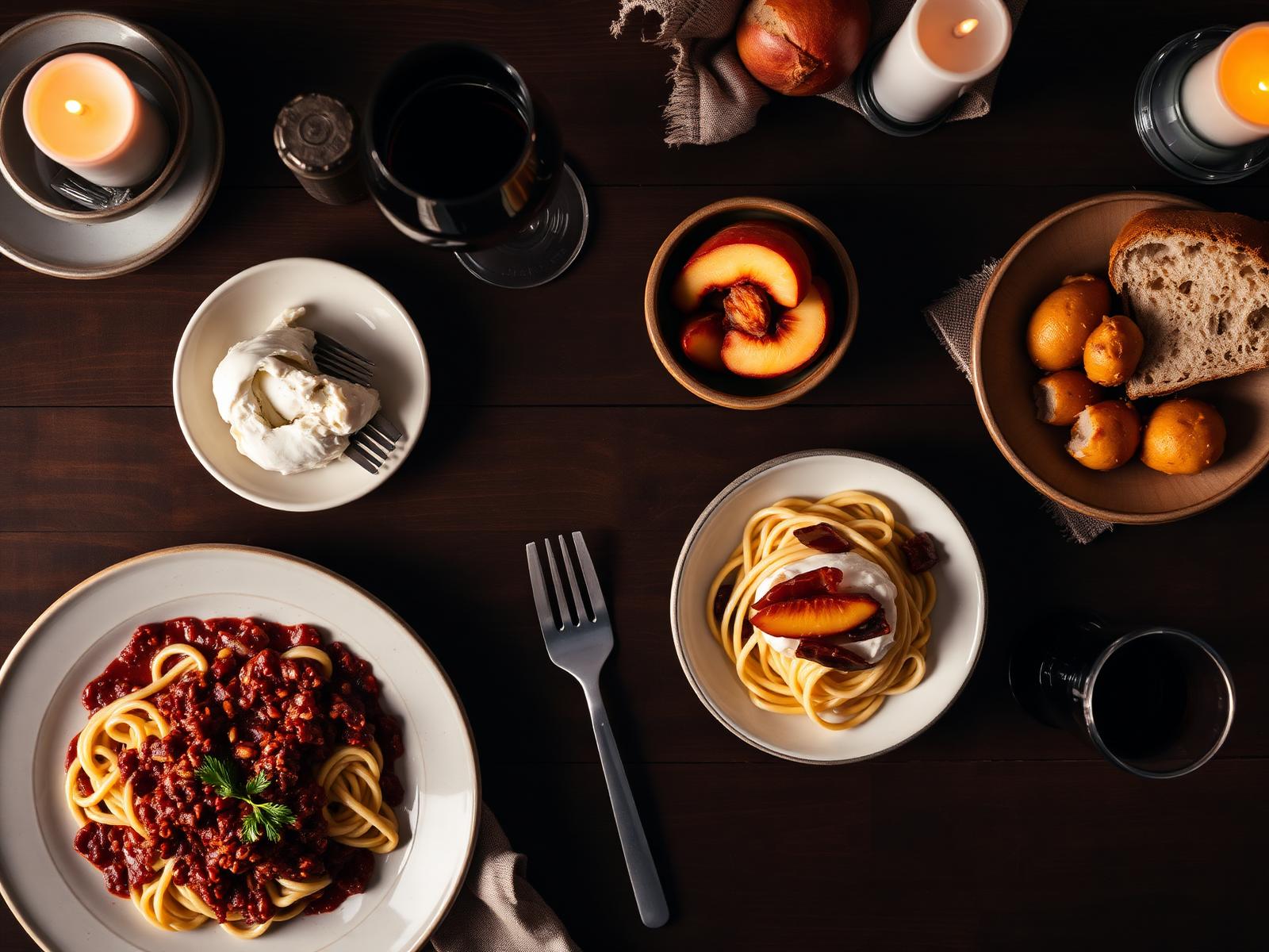 Overhead table with pappardelle al ragù, burrata with peach, wine and bread