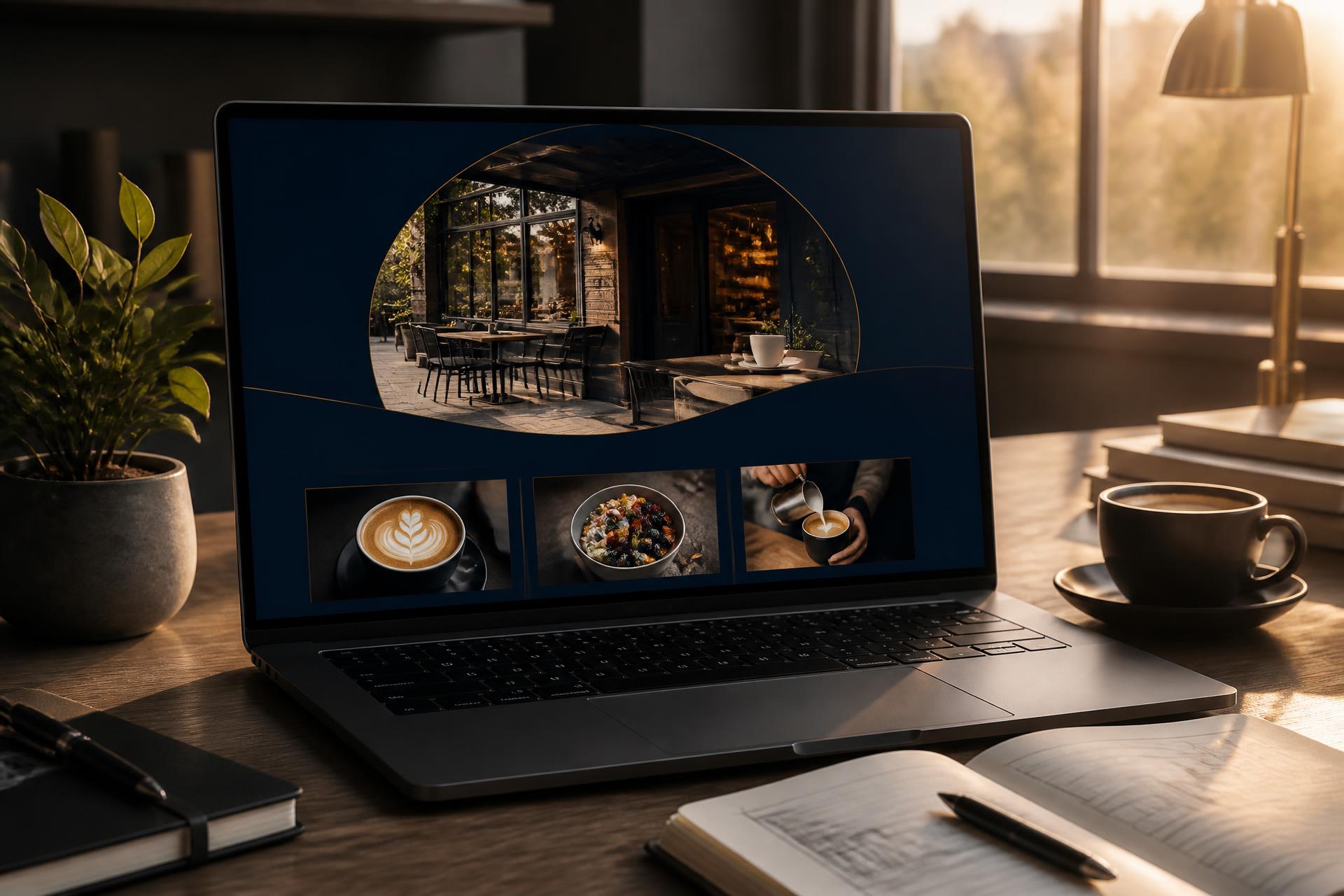 A designer's desk with a laptop showing a warmly-lit cafe landing page