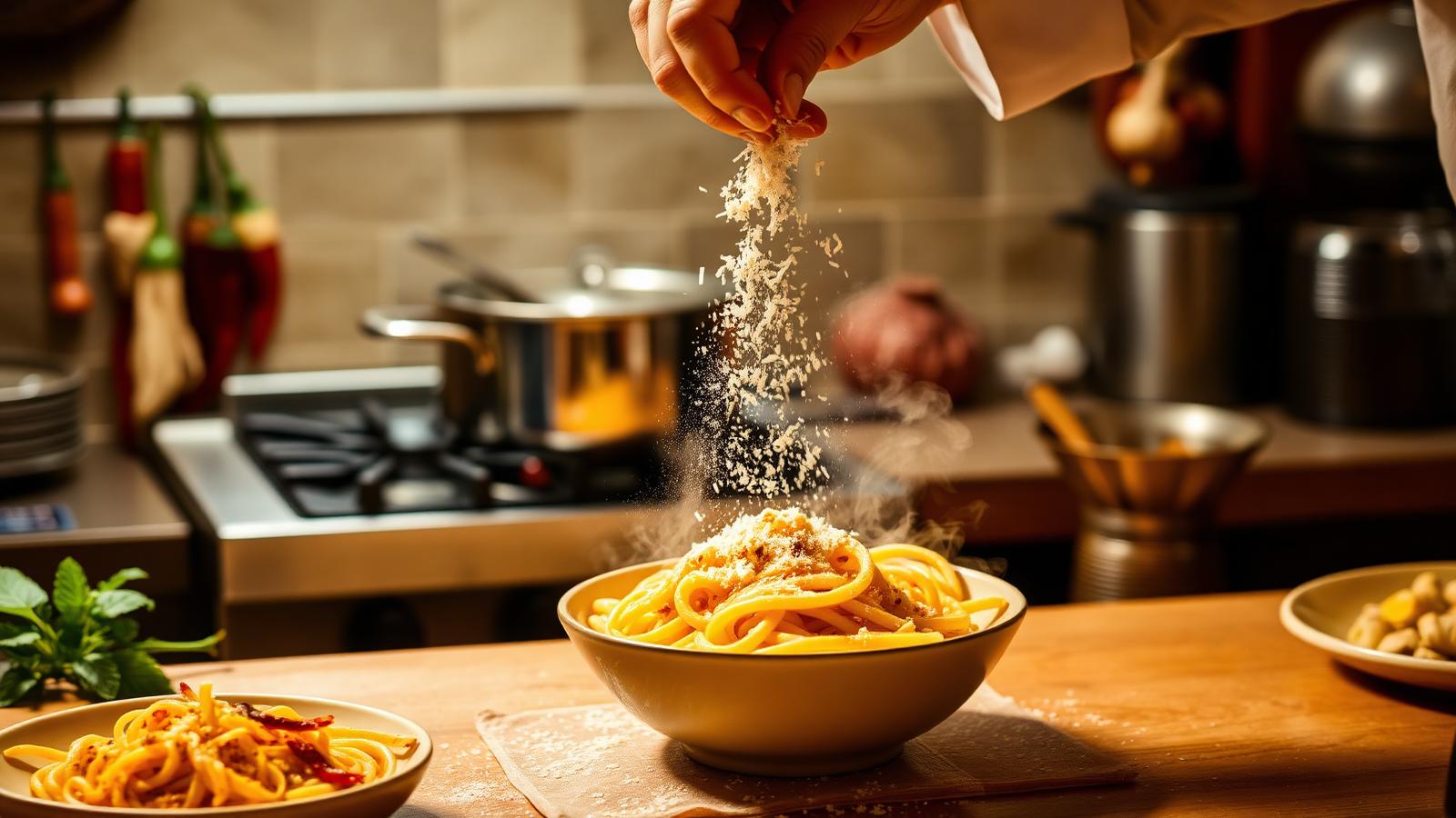 Chef sprinkling parmesan onto a bowl of pasta in Bella's kitchen